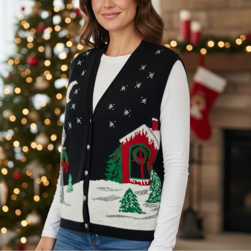 Vintage Southern Lady Black Sweater Vest size Medium Festive Christmas Winter